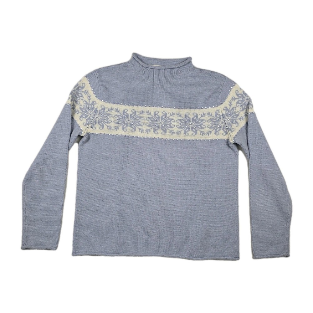 Norton McNaughton Vintage Blue Fair Isle Sequin Snowflake Mock Neck Sweater S